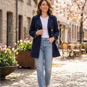 Navy Double-Breasted Trench Coat with Gold Buttons